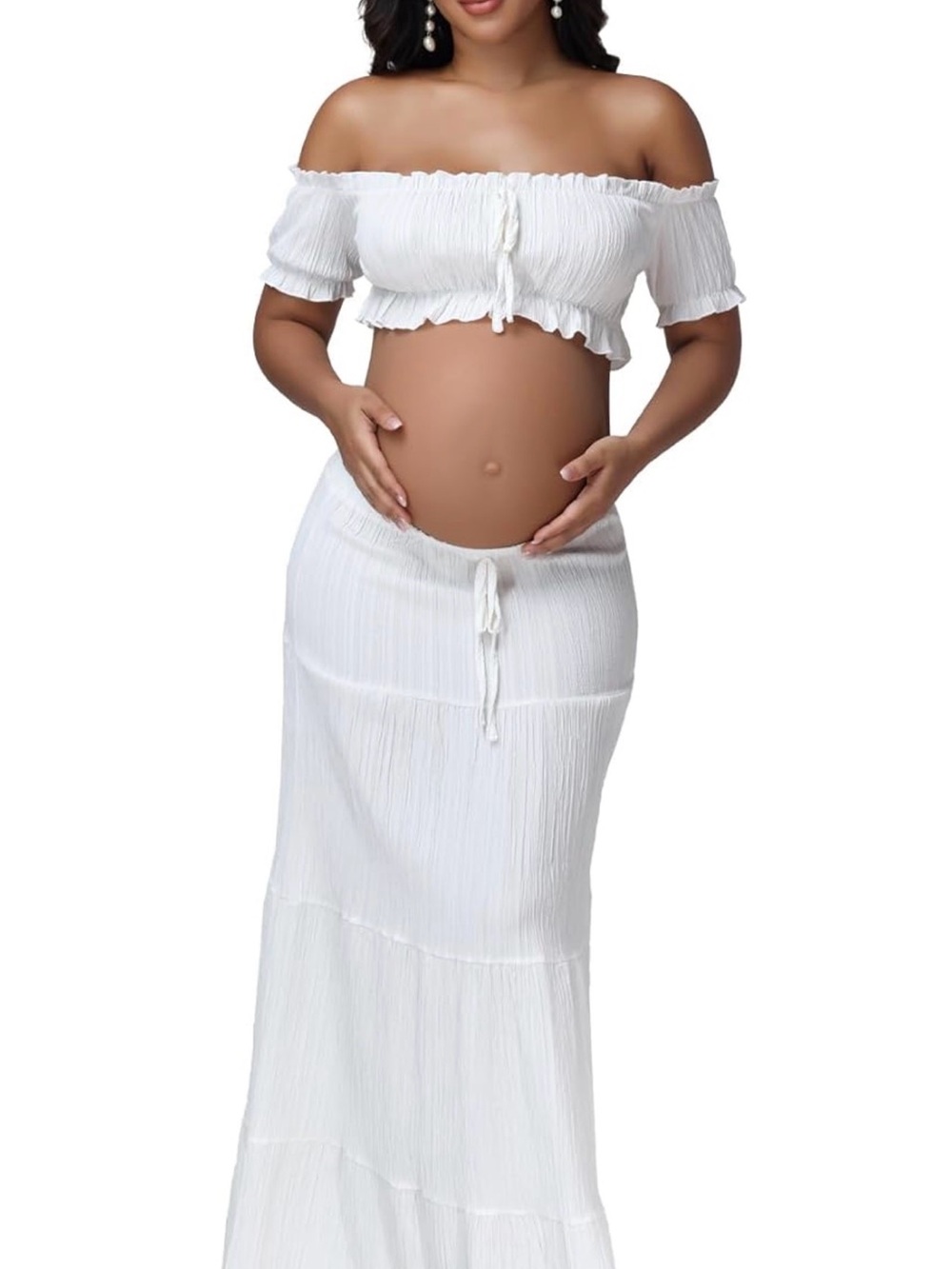White Maternity Maxi Skirt - Elegant Off-Shoulder Two-Piece Set